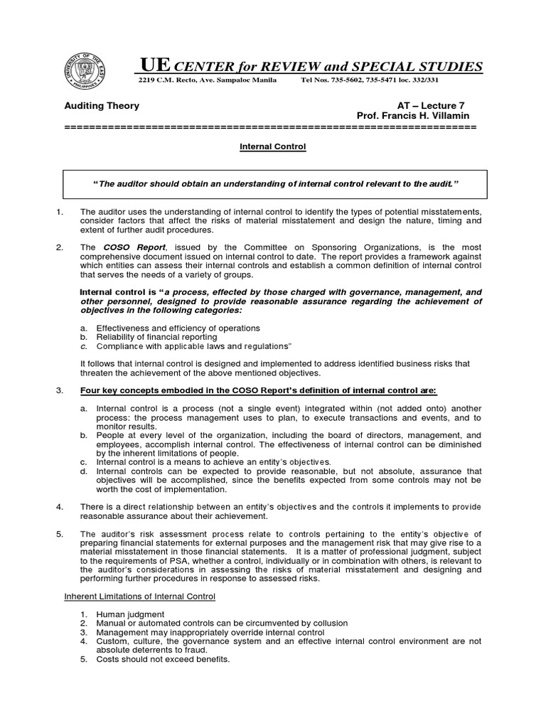 AT Lecture 7 - Internal Control (June 2020) | PDF | Internal Control ...