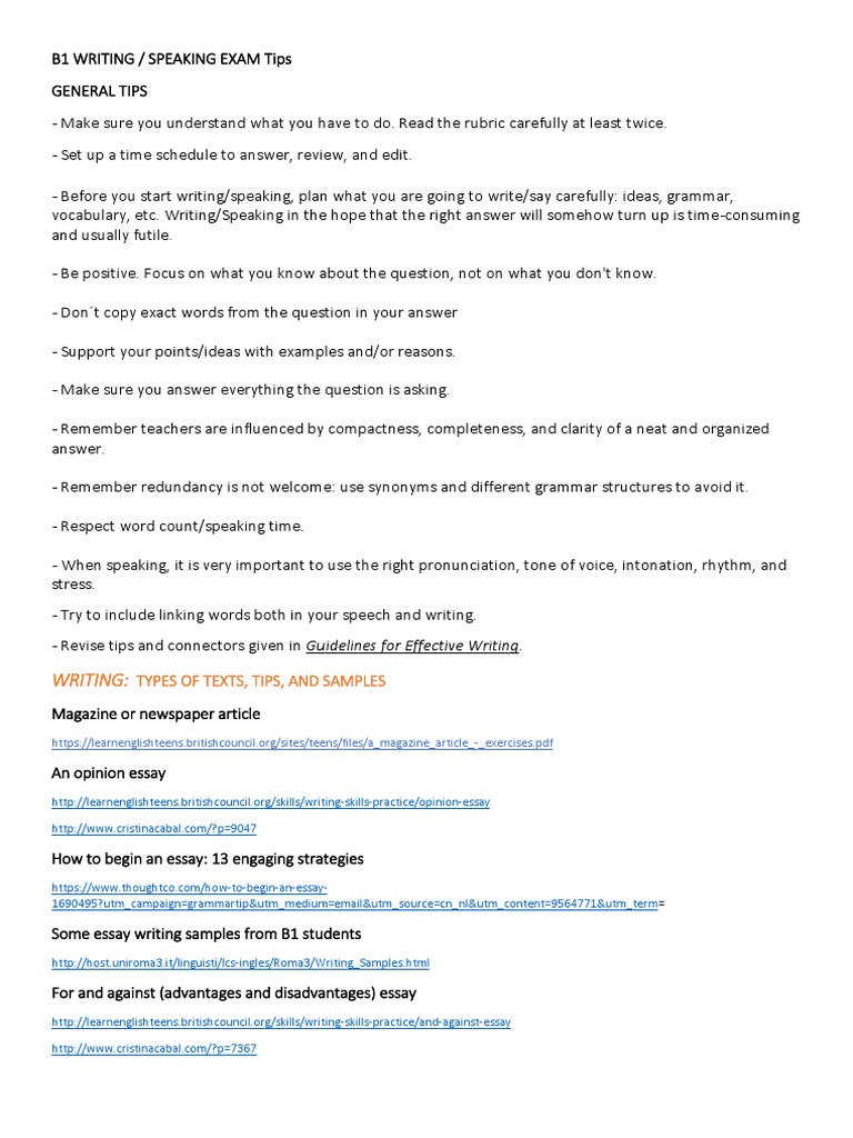 B1 Writing and Speaking Exam Tips | PDF | Adverb | Essays