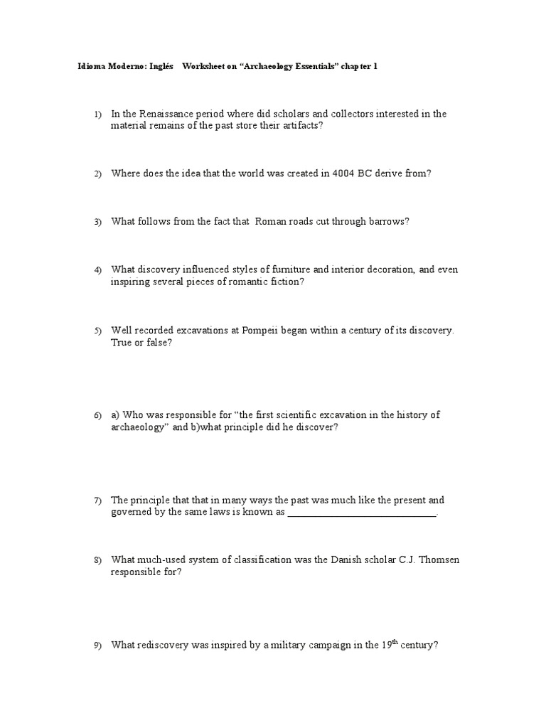 Archaeology Worksheet On Chapter 1 | PDF
