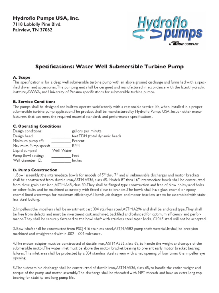 Specifications Water Well Submersible Turbine Pump Hydroflo Pumps USA