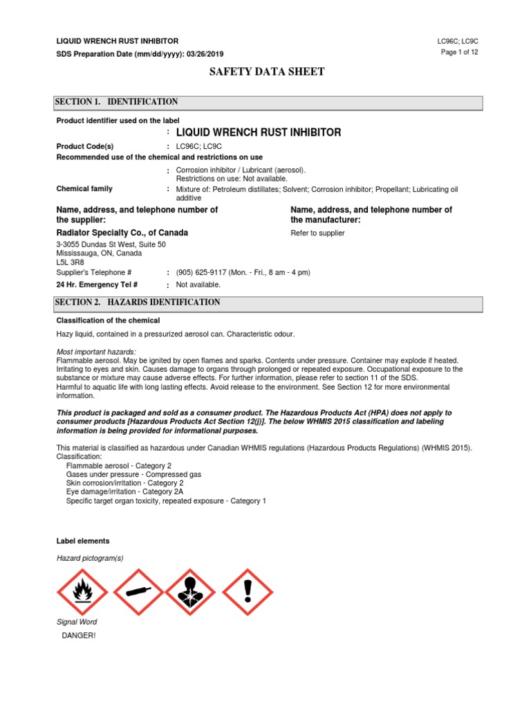 GUNK Liquid Wrench Rust Inhibitor LC9 6 SDS International PDF Firefighting Nausea