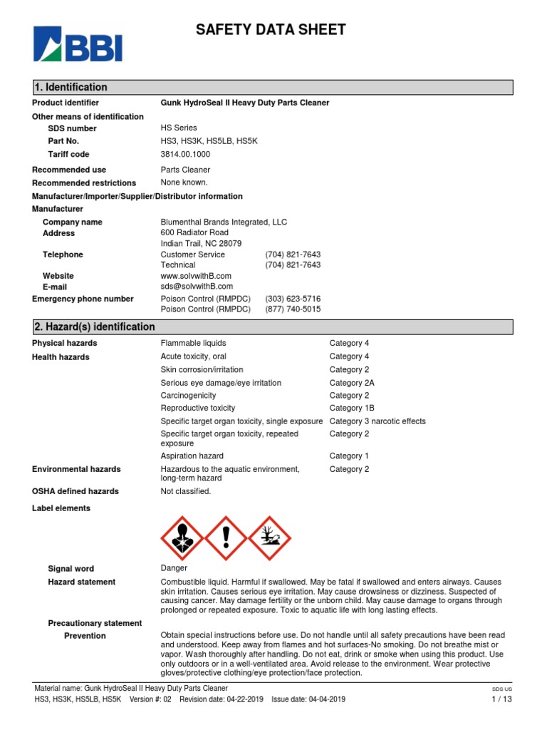 Gunk Hydro Seal® Ii Heavy Duty Parts Cleaner SDS PDF PDF Dangerous