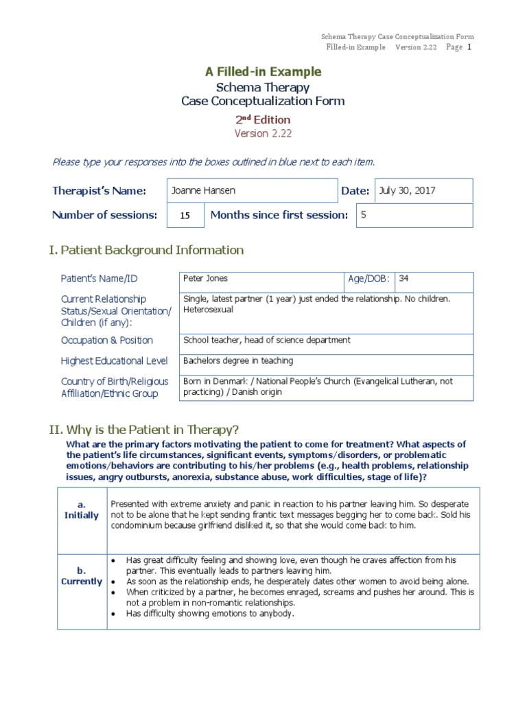 A FilledIn Example Schema Therapy Case Conceptualization Form PDF