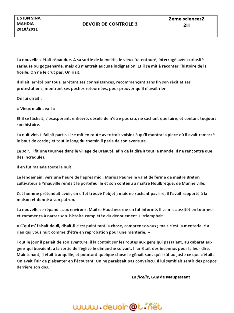 Devoir Sur Pierre Et Jean De Maupassant Devoir de Contrôle N°2 - Français - 2ème Sciences (2010-2011) | PDF