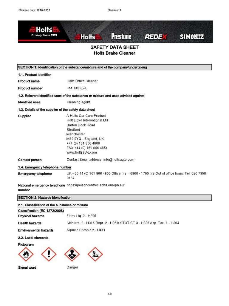 Holts Brake Cleaner Safety Data Sheet Summary PDF Dangerous Goods Firefighting