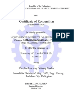 Certificate of Recognition: Republic of The Philippines Technical Education and Skills Development Authority