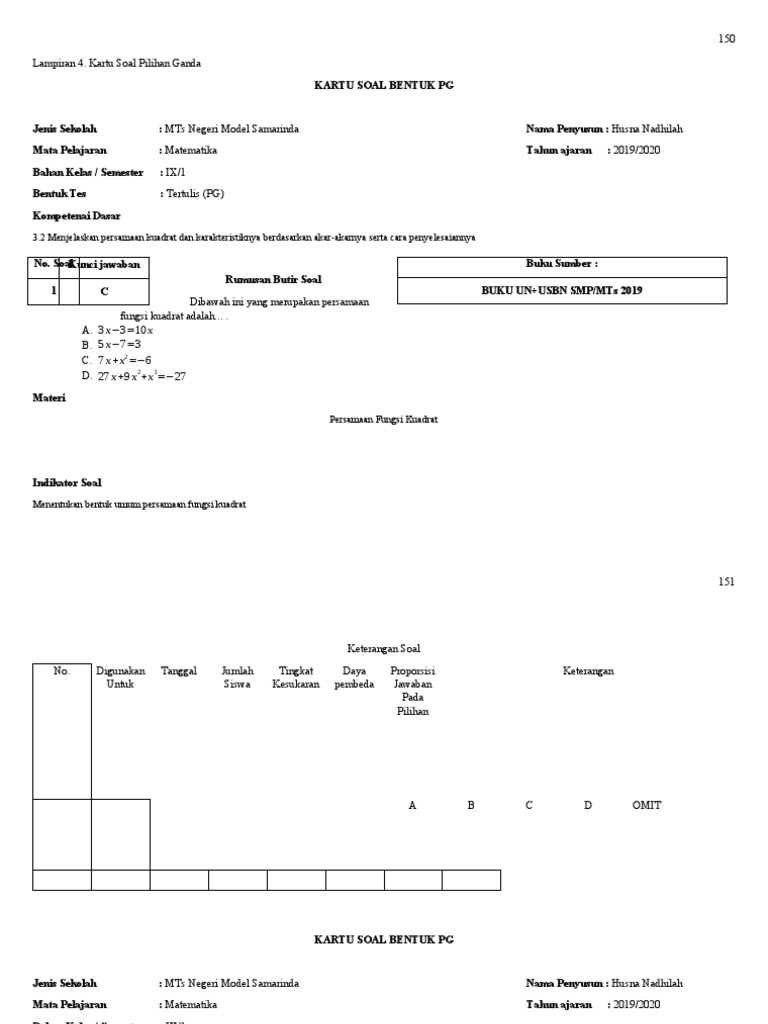 Kartu Soal Pg Dan Uraian Fungsi Kuadrat