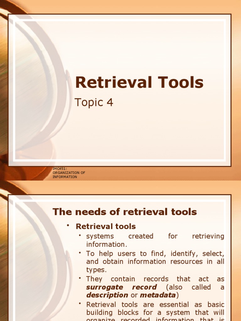 Retrieval Tools: Topic 4 | PDF | Cataloging | Web Search Engine