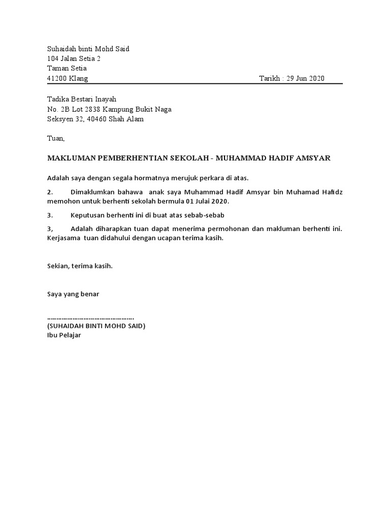 33++ Surat berhenti tadika ideas