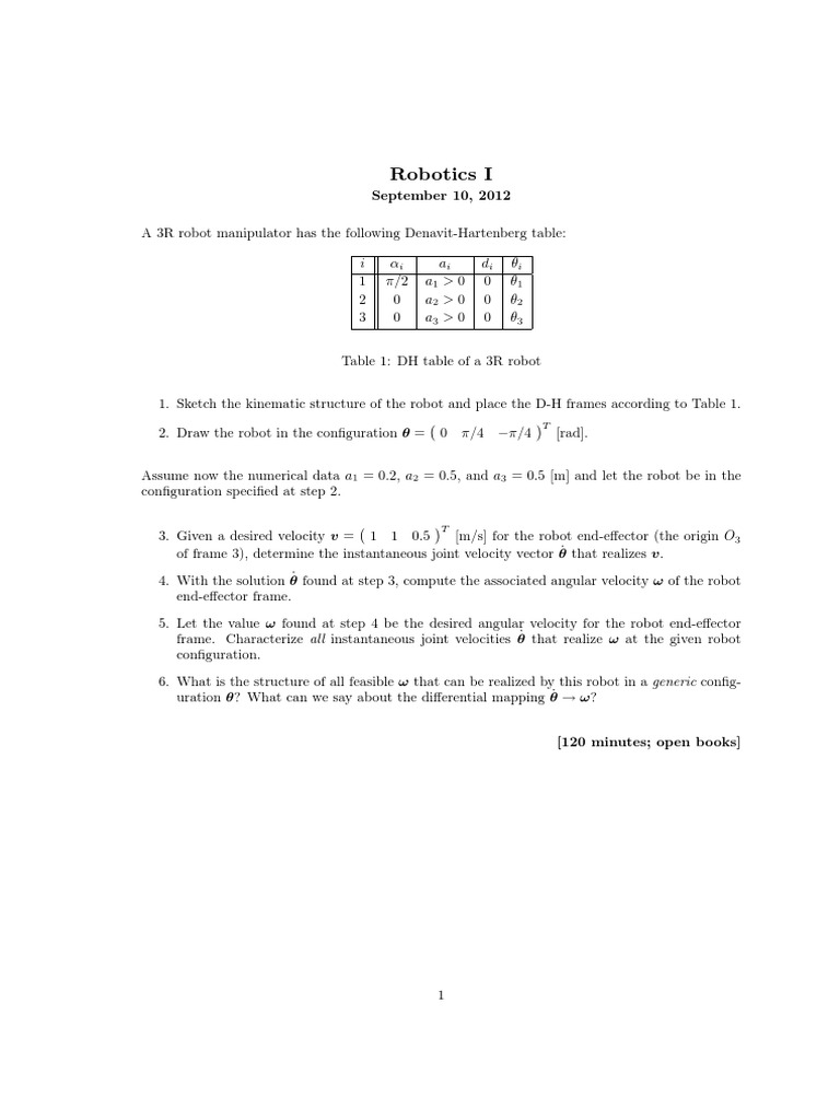 Robotics I: I I I I 1 1 2 2 3 3 | PDF | Kinematics | Mathematical Objects