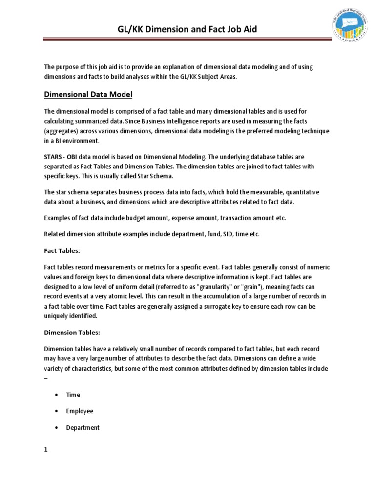 GL/KK Dimension and Fact Job Aid Dimensional Data Model Download
