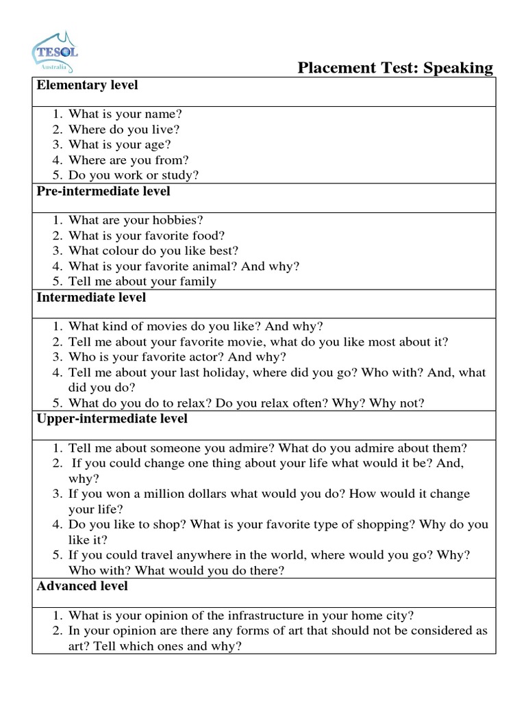 Speaking Placement Test Questions | PDF | Language Arts & Discipline ...