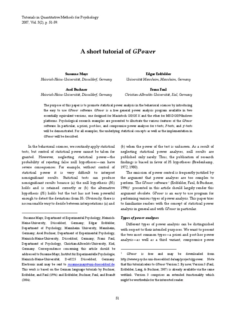 GPower: A Tutorial for Power Analysis | PDF