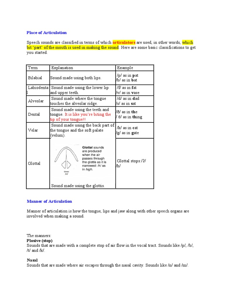 Place of Articulation | PDF