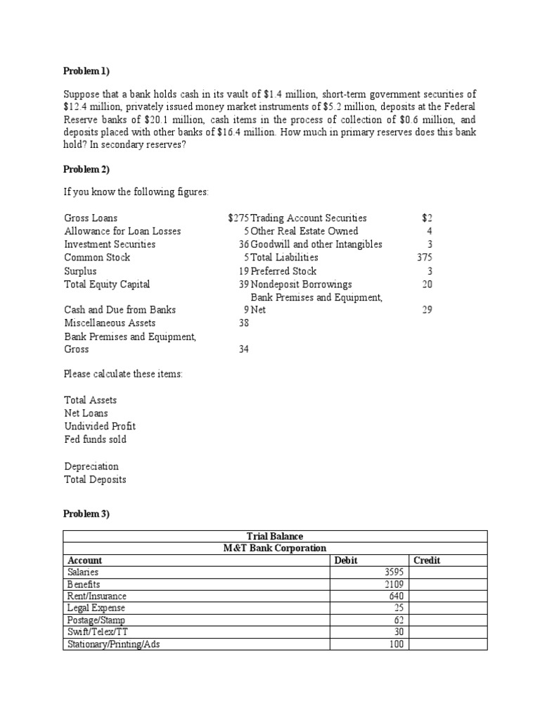 Analysis of Bank Balance Sheets and Calculations of Reserves, Assets, Liabilities, and Allowance