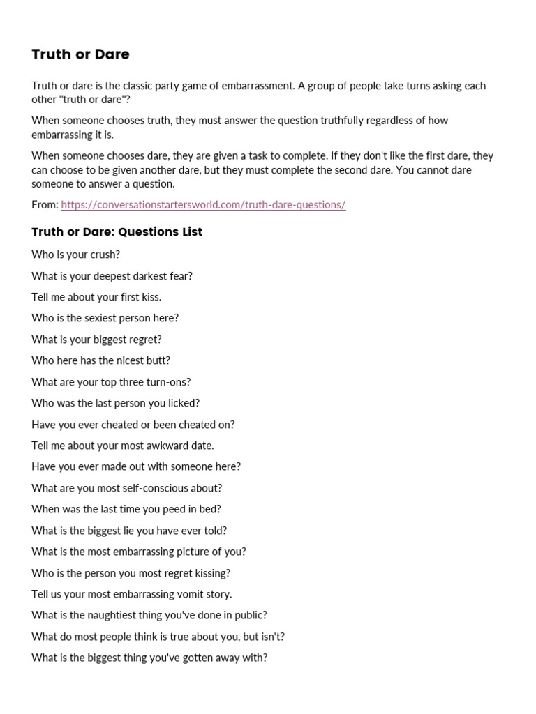 Truth Or Dare Questions Pdf Pdf