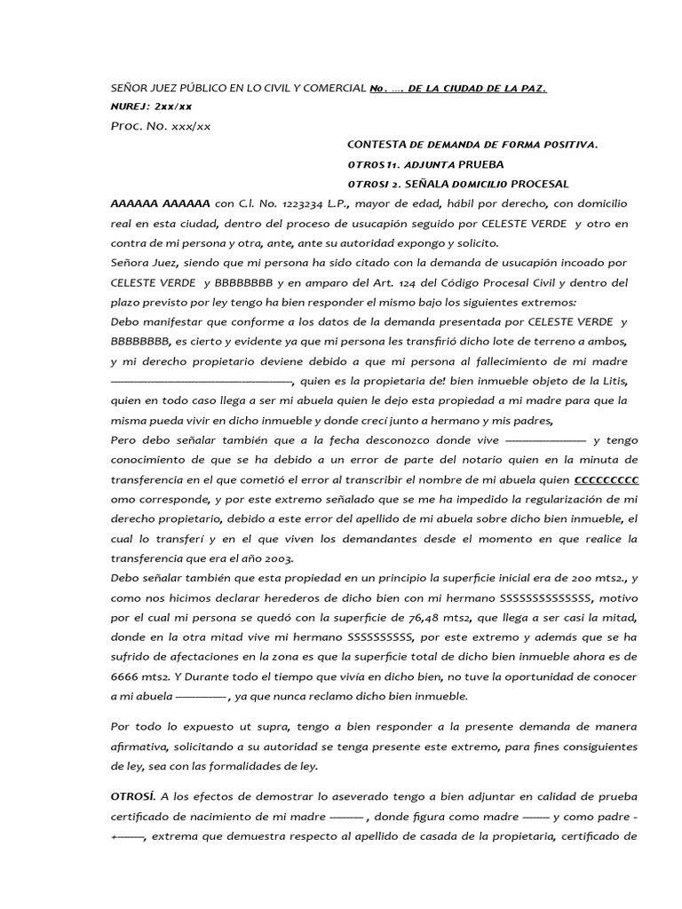 Respuesta Memorial Usucapion | PDF | Demanda judicial | Instituciones  sociales
