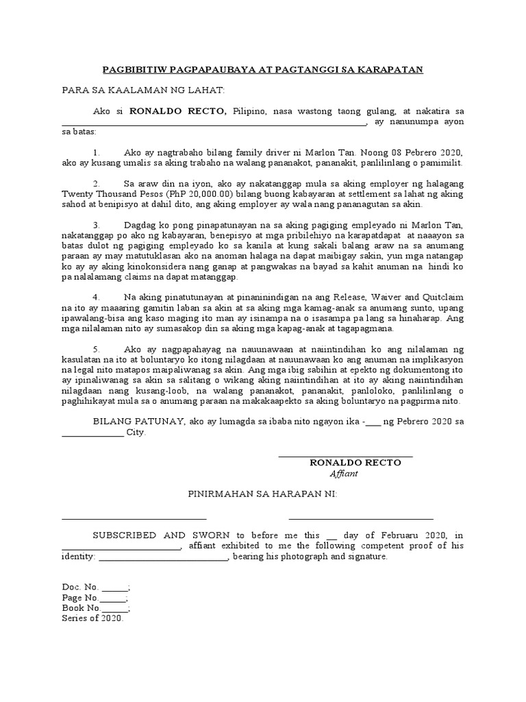 Waiver and Quitclaim (Tagalog) | PDF
