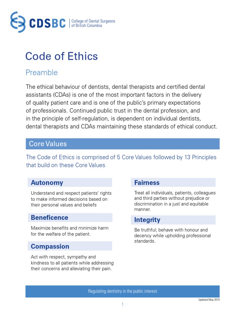Code of Ethics Preamble PDF Dentistry Autonomy