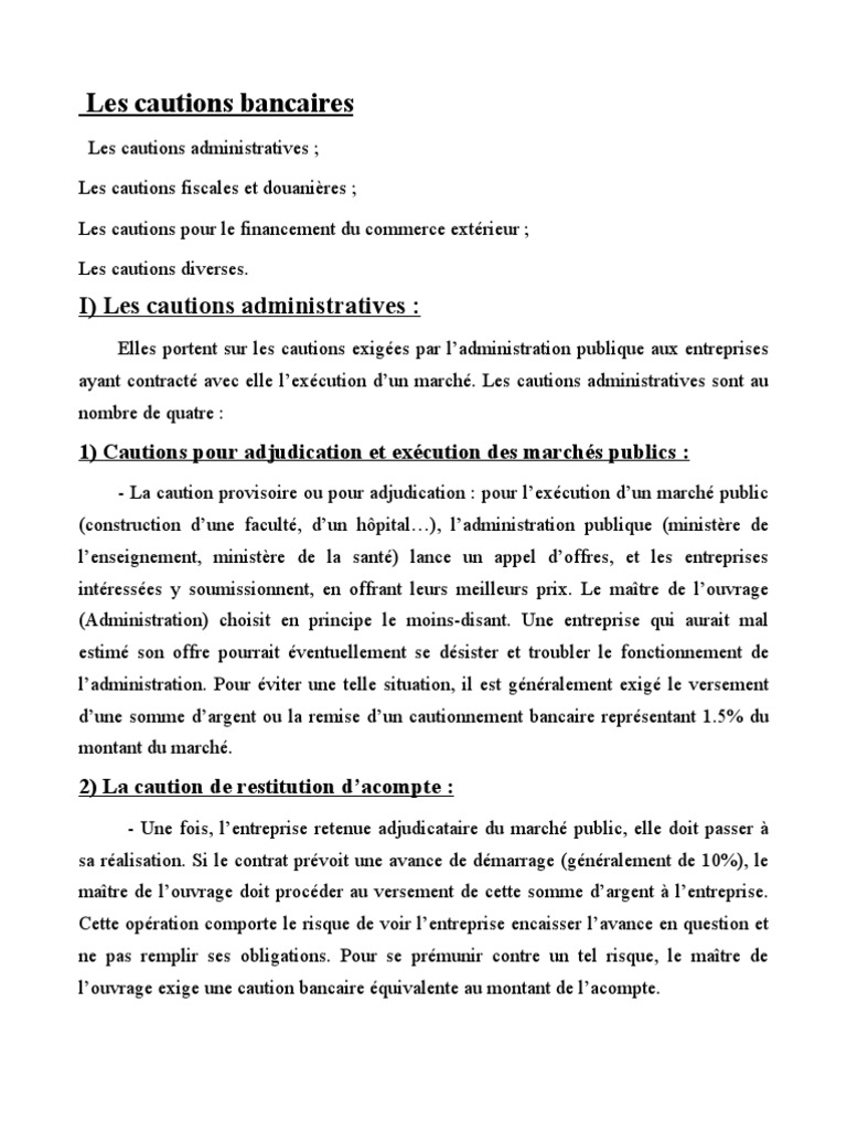 Cautions Bancaire Banques Crédit