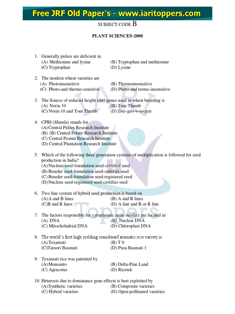 PLANT SCIENCE JRF 2008 PDF Hybrid (Biology) Dominance