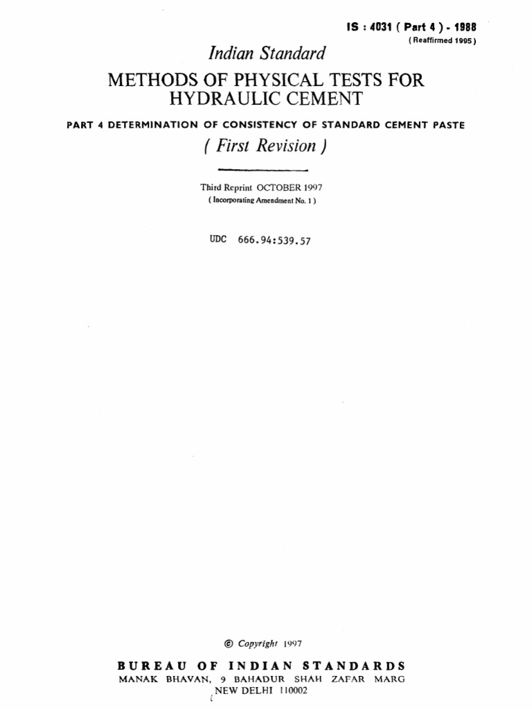 Is 4031 (Part4) Method of Physical Tests For Hydraulic Ceme PDF