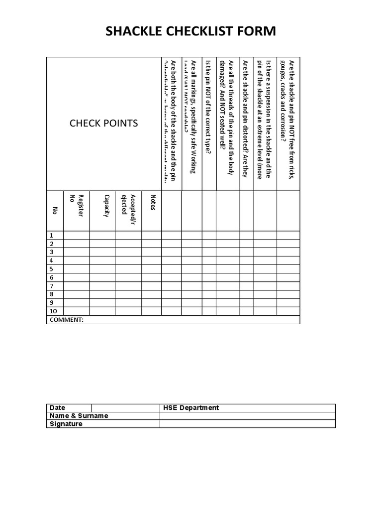 Shackle Inspection Checklist Form | PDF | Joining | Nature
