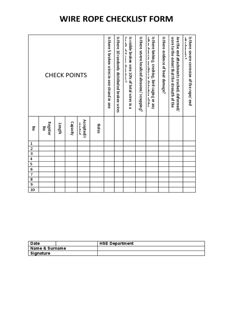 Wire Rope Checklist Form PDF Rope Wire