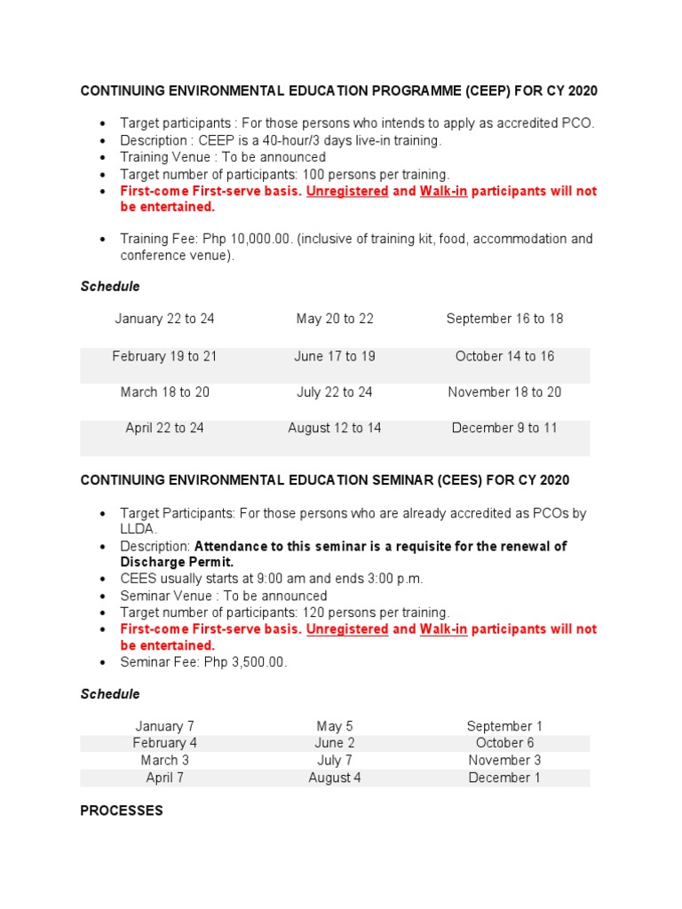 Continuing Environmental Education Programme and Seminar Schedule and Registration Details for