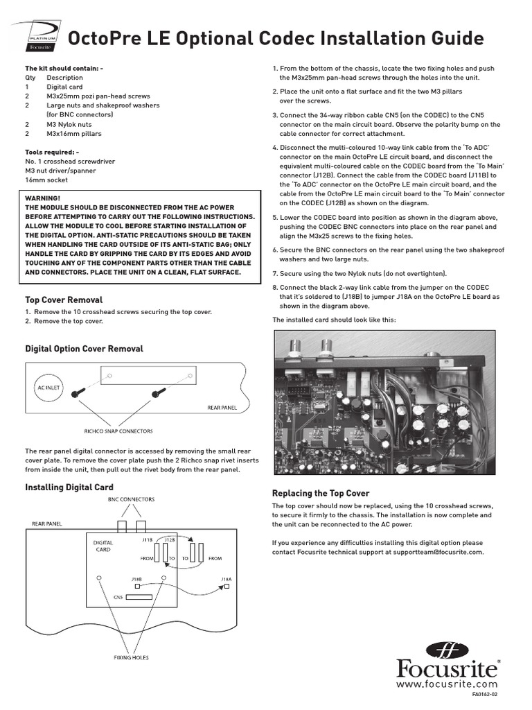 Octopre Le Optional Codec Installation Guide: Top Cover Removal | PDF ...