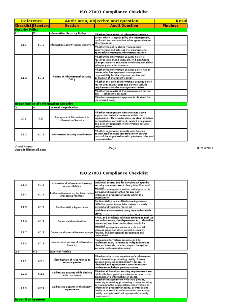 Iso 27001 Compliance Checklist Information Security Non Disclosure
