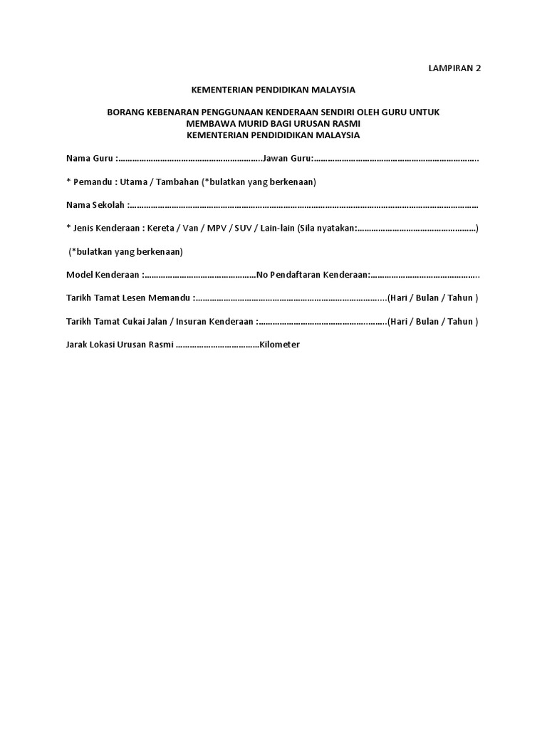 Borang Kebenaran Bawa Kenderaan Sendiri 2019 Pdf