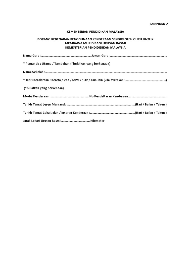 Borang Kebenaran Bawa Kenderaan Sendiri 2019 | PDF