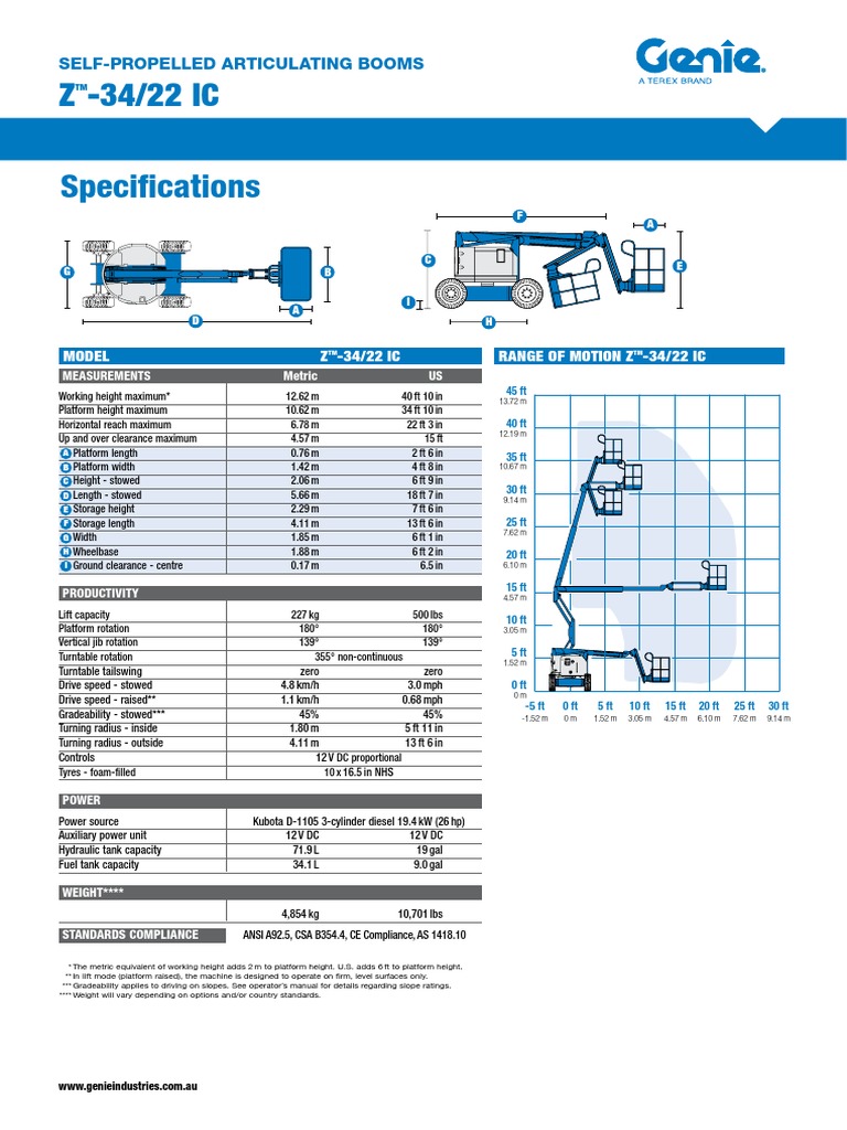 Z - 34/22 IC Specifications: Self-Propelled Articulating Booms | PDF ...