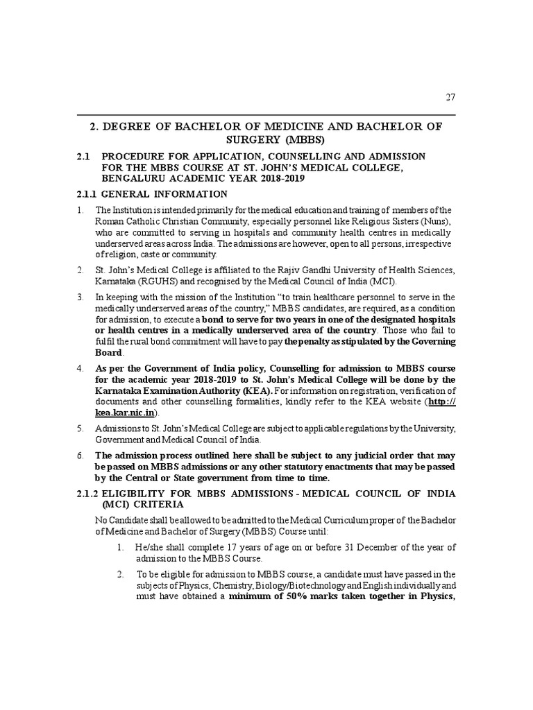 MBBS Admissions To St. John's Medical College For The Year 201819 PDF