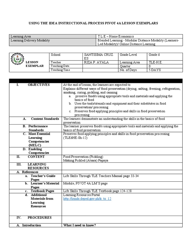 Grade 6 TLE Lesson on Food Preservation | PDF | Pickling | Food ...