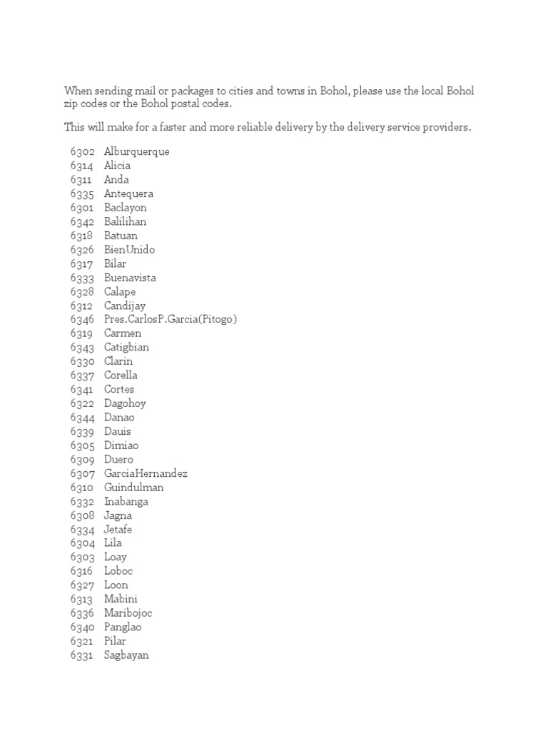 Zip Codes in Bohol Province PDF