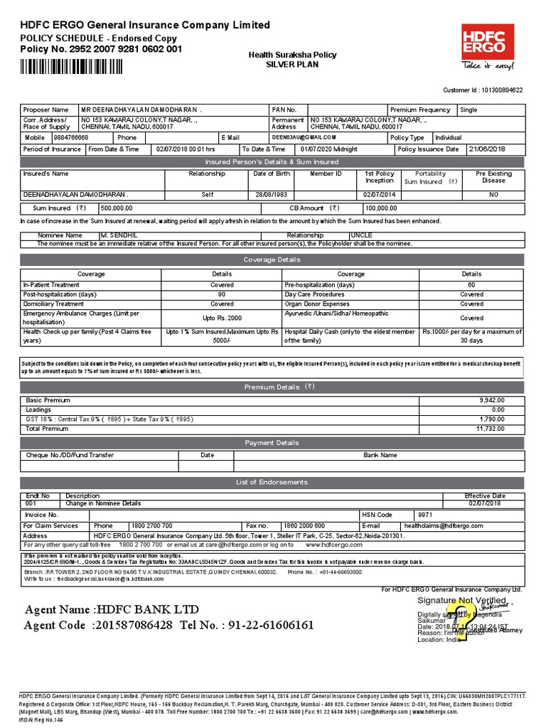 HDFC ERGO Health Insurance Policy Details | PDF | Insurance | Invoice