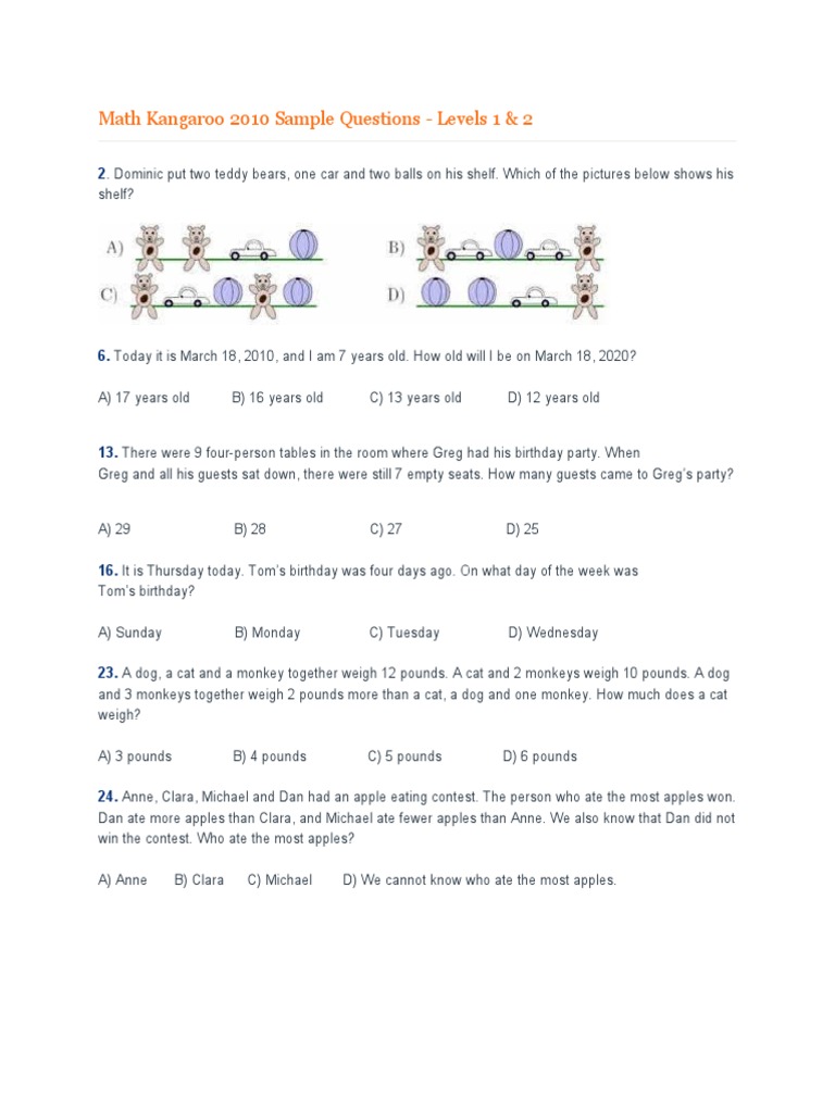 Math Kangaroo 2010 Sample Questions PDF