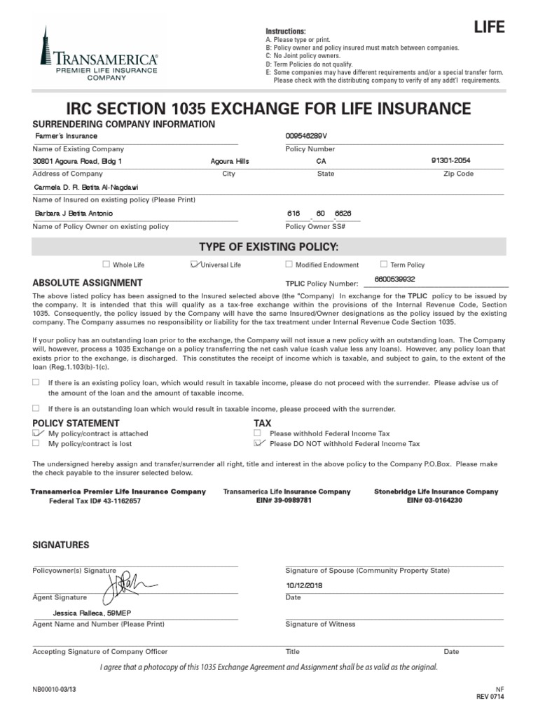 IRC 1035 Exchange for Life Insurance | PDF | Insurance | Public Finance