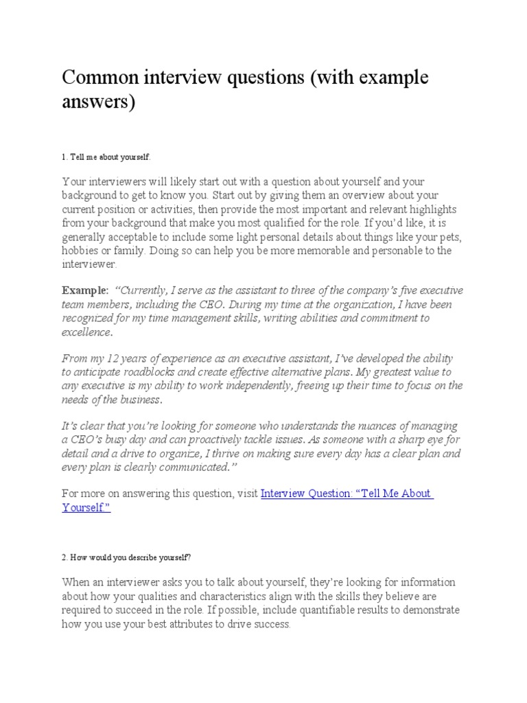 Common Interview Questions (With Example Answers) | Download Free PDF ...