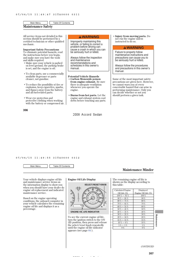 2008 HONDA ACCORD MAINTENANCE MINDER visual data 2