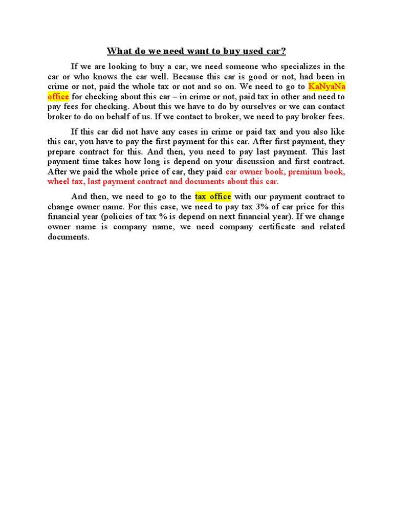 What Do We Need Want To Buy Used Car? Kanyana Office PDF