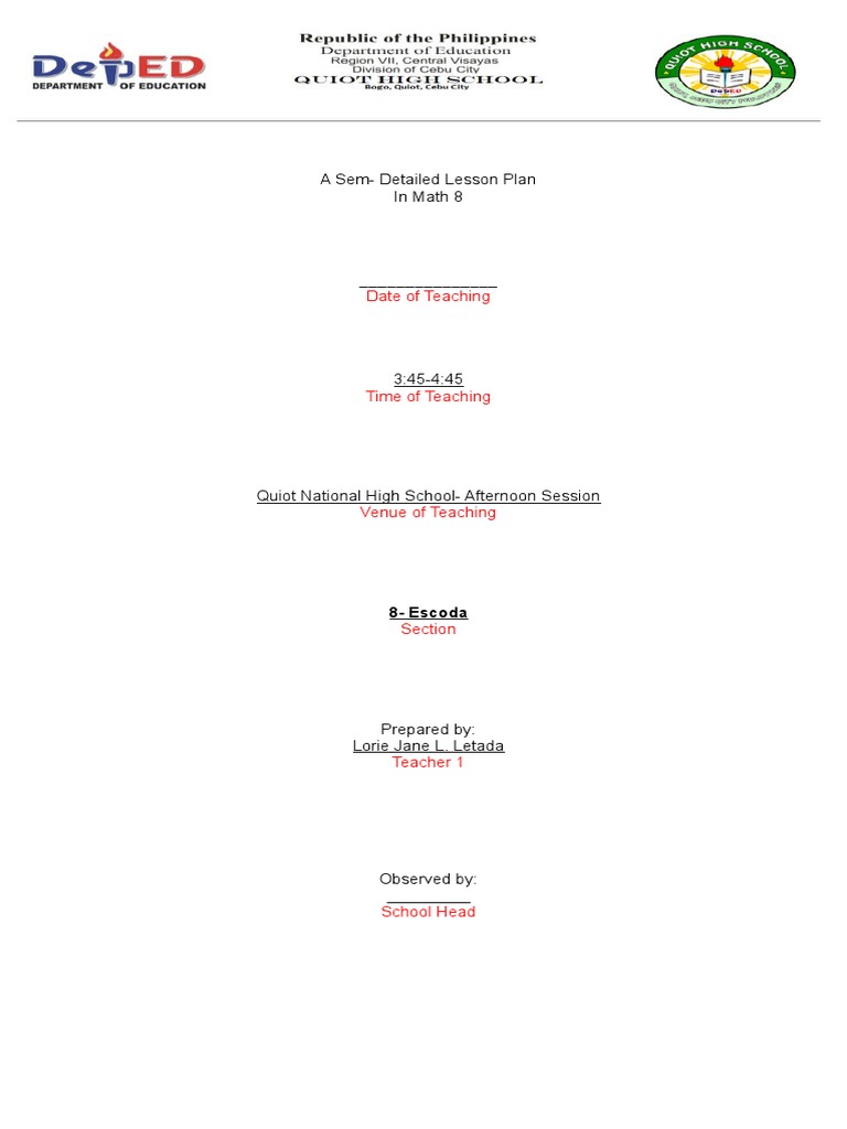 A Semi Detailed Lesson Plan On Domain and Range | PDF | Function ...