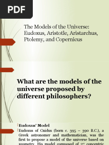 The Models of The Universe: Eudoxus, Aristotle, Aristarchus, Ptolemy, and Copernicus