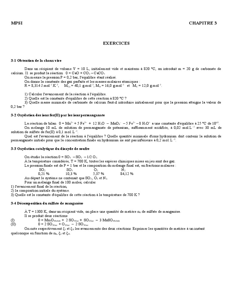 Exercices de chimie : équilibre et réactions | PDF | Manganèse ...
