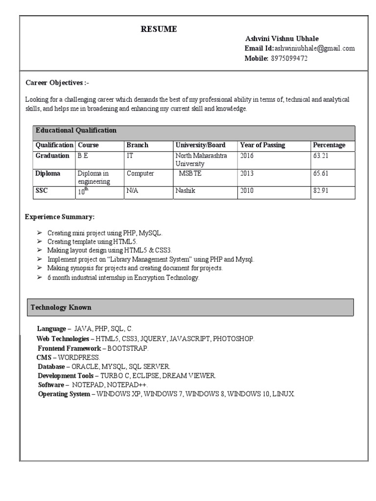Ashwini Resume | PDF | My Sql | Php
