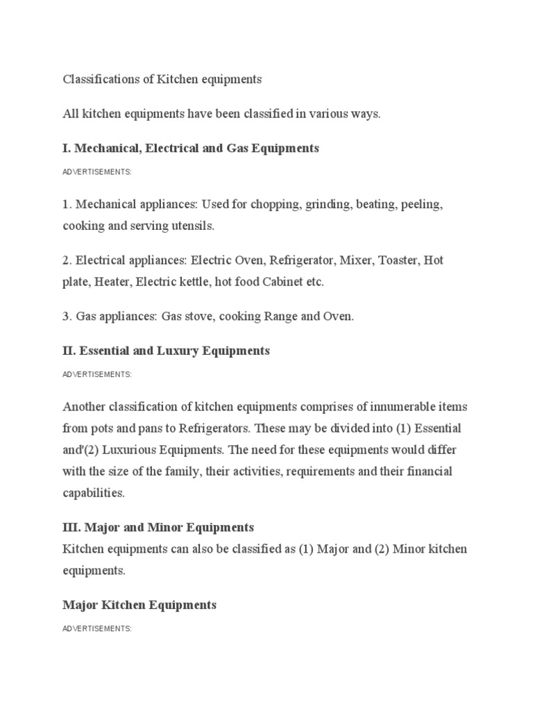 Classifications of Kitchen Equipments PDF Kitchen Utensil Kitchen