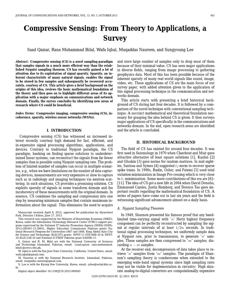 Compressive Sensing: From Theory To Applications, A Survey | PDF ...