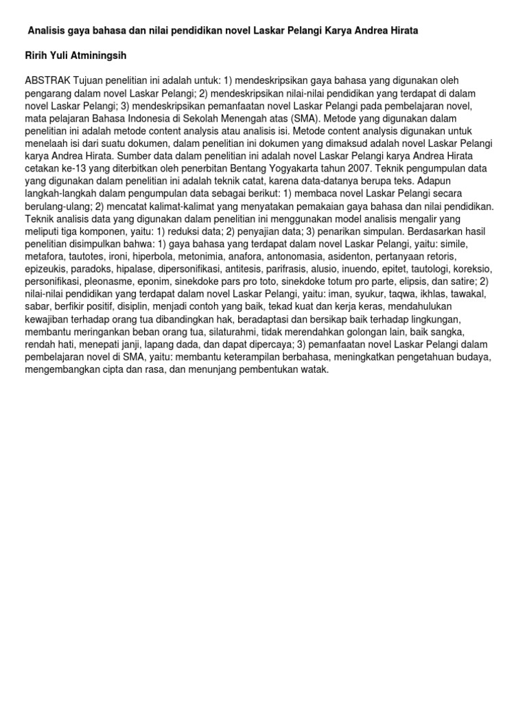 Abstrak Analisis Gaya Bahasa Dan Nilai Pendidikan Novel